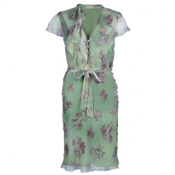 Pre Owned Valentino Green Floral Chiffon Dress M