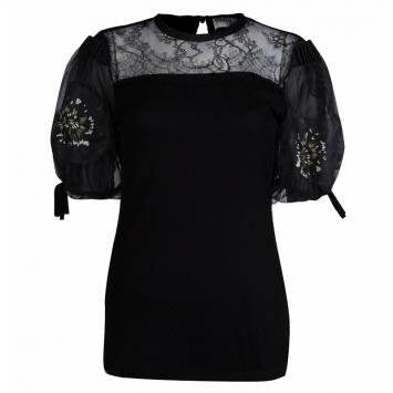 Pre Owned Valentino T-Shirt Couture Black Lace Detail Puffed Sleeve Top M