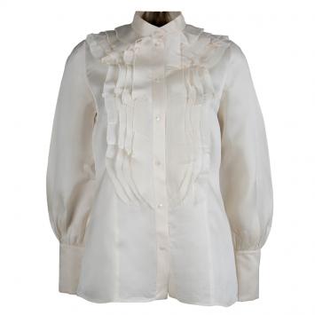 Pre Owned Valentino Cream Silk Ruffle Detail Long Sleeve Shirt L