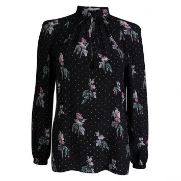 Pre Owned Valentino Black Silk Floral Printed Long Sleeve Top S