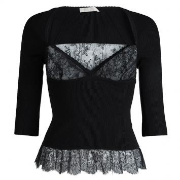 Pre Owned Valentino Black Rib Knit Lace Insert Top S