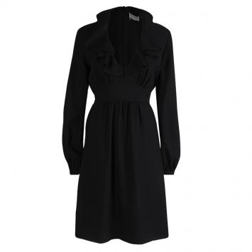 Pre Owned Valentino Black Wool Ruffle Detail Long Sleeve Dress L
