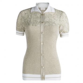 Pre Owned Valentino Gold Lurex Ribbed Knit Lace Detail Top M