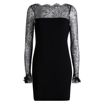 Pre Owned Valentino Black Lace Trim Floral Applique Detail Long Sleeve Dress M