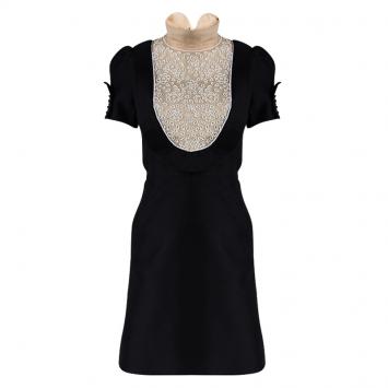 Pre Owned Valentino Black Beaded Yoke Detail Short Sleeve Dress S
