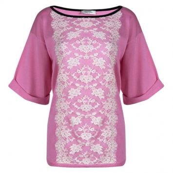 Pre Owned Valentino Pink Knit Scallop Lace Applique Detail Top XL