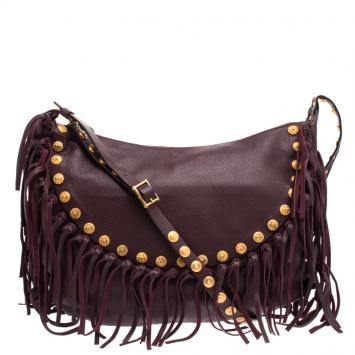 Pre Owned Valentino Burgundy Leather C Rockee Studded Fringe Hobo