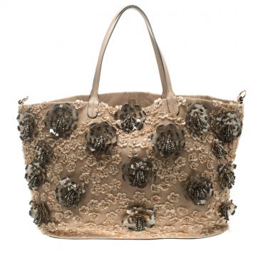 Pre Owned Valentino Beige Leather Sequin Beaded Applique Tote