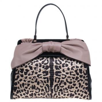 Pre Owned Valentino Black Leopard Print Raffia Patent Leather Aphrodite Bow Top Handle Bag
