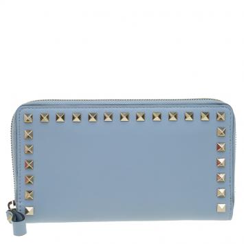 Pre Owned Valentino Grey Leather Rockstud Zip Around Wallet