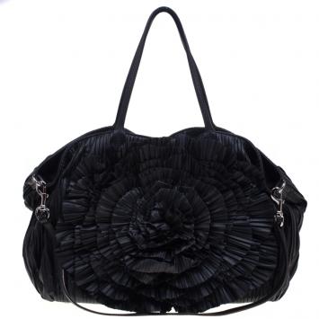 Pre Owned Valentino Black Ruffle Nappa Leather XL Petale Rose Tote