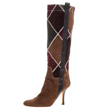 Pre Owned Valentino Multicolor Diamond Stitched Suede Knee Boots Size 37.5