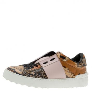 Pre Owned Valentino Orange Printed Leather Open Sneakers Size 38