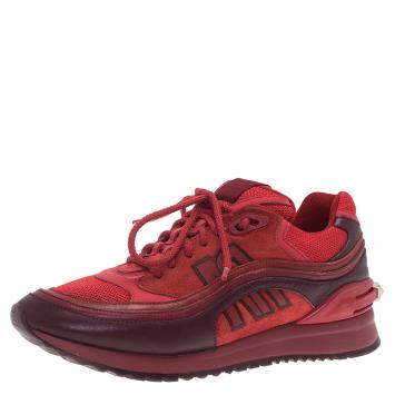 Pre Owned Valentino Red Mesh And Leather Rouge Absolute Rockstud Sneakers Size 37