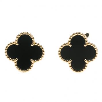Pre Owned Van Cleef & Arpels Vintage Alhambra Onyx 18k Yellow Gold Stud Earrings