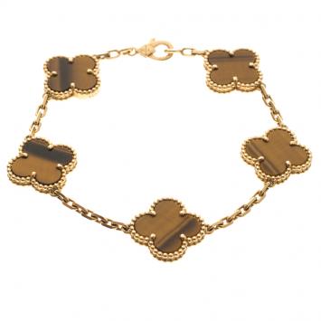 Pre Owned Van Cleef & Arpels Vintage Alhambra 5-Motifs Tiger's Eye 18k Yellow Gold Bracelet 16cm