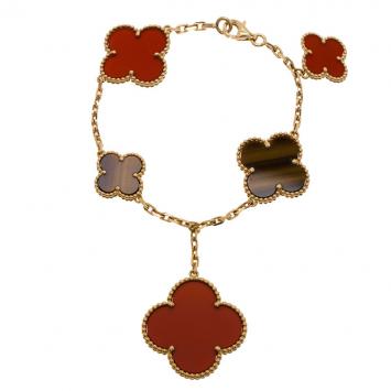 Pre Owned Van Cleef & Arpels Magic Alhambra Tiger Eye and Red Carnelian Yellow Gold Bracelet