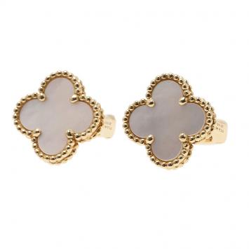 Pre Owned Van Cleef & Arpels Vintage Alhambra Mother of Pearl Yellow Gold Clip Earrings