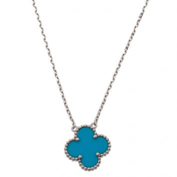 Pre Owned Van Cleef & Arpels Vintage Alhambra Turquoise White Gold Pendant Necklace