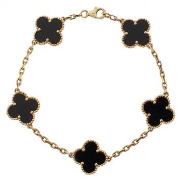 Pre Owned Van Cleef & Arpels Vintage Alhambra 5 Motifs Onyx Yellow Gold Bracelet 