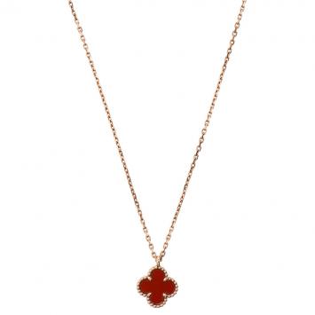 Pre Owned Van Cleef & Arpels Sweet Alhambra Clover Red Carnelian Rose Gold Pendant Necklace
