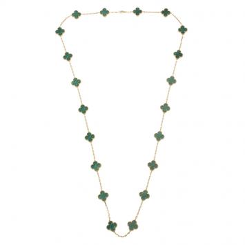Pre Owned Van Cleef & Arpels Vintage Alhambra Malachite Yellow Gold 20 Motifs Long Necklace