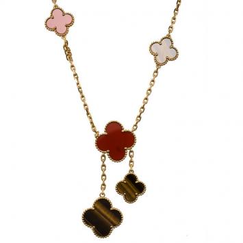 Pre Owned Van Cleef & Arpels 5 Motif Magic Alhambra Tiger's Eye, Carnelian and Yellow Gold Necklace