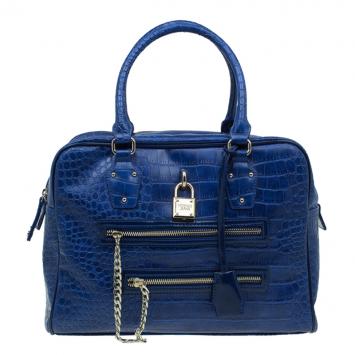 Pre Owned Versace Jeans Blue Croc Embossed Leather Bowling Bag