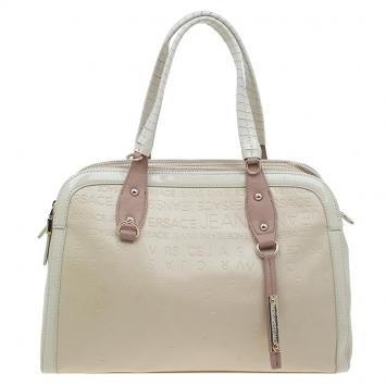 Pre Owned Versace Jeans Beige Embossed Leather Logo Tote