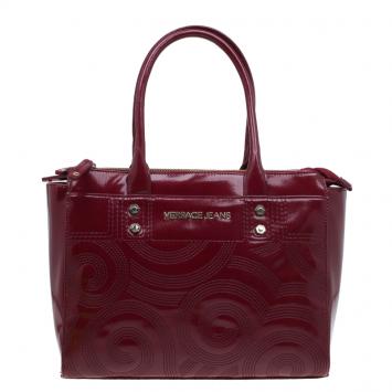 Pre Owned Versace Jeans Burgundy Textured Patent Leather Swirl Stitched Tote