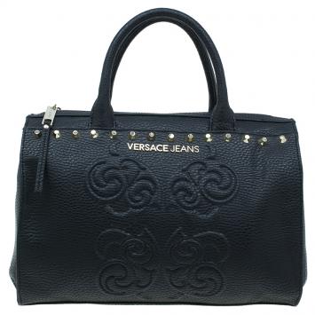 Pre Owned Versace Jeans Black Pebbled Leather Crystal Studs Bowling Bag