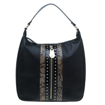 Pre Owned Versace Jeans Black Leather and Python Large Zip Studs Hobo