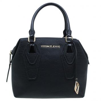 Pre Owned Versace Jeans Black Crinkled Leather Logo Charm Tote