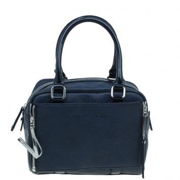 Pre Owned Versace Jeans Navy Blue Pebbled Leather Bowling Bag