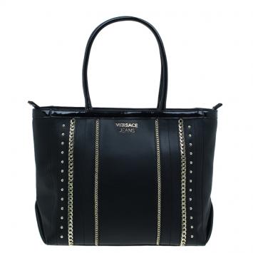 Pre Owned Versace Jeans Black Leather Large Chain Embellished Shopping Tote