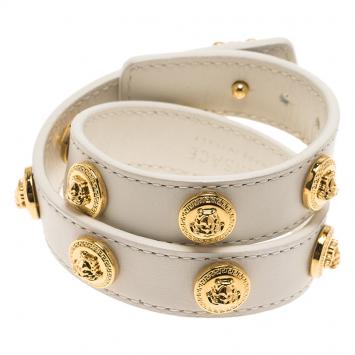 Pre Owned Versace Icon Medusa Stud Gold Tone White Leather Wrap Bracelet