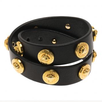 Pre Owned Versace Icon Medusa Stud Gold Tone Black Leather Wrap Bracelet