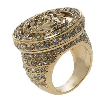 Pre Owned Versace Medusa Crystal Studded Gold Tone Ring Size 55