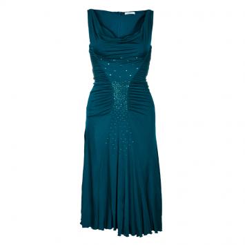 Pre Owned Versace Collection Teal Embellished Jersey Dress S