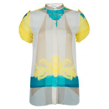 مملوكة مسبقًا Versace Multicolor Print Sleeve Tab Detail Silk Blouse S