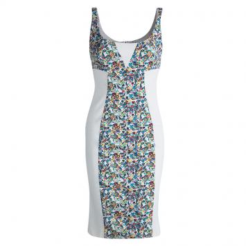 Pre Owned Versace White Floral Print Contrast Panel Detail Sleeveless Dress S
