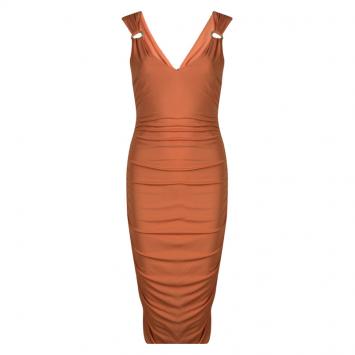Pre Owned Versace Orange Ruched Sleeveless V- Neck Dress S