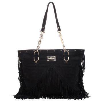 Pre Owned Versace Black Suede Fringe Tote