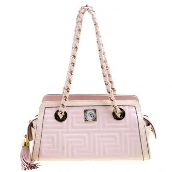 Pre Owned Versace Pink Croc Embossed Trim Leather Signature Shoulder Bag