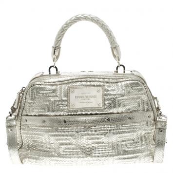 Pre Owned Versace Metallic Silver Python Satchel