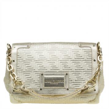 Pre Owned Versace Gold Embossed Leather Flap Shoulder Bag