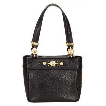 Pre Owned Versace Black Ostrich Leather Tote
