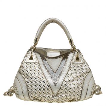 Pre Owned Versace Gold Woven Leather Crystal V Satchel