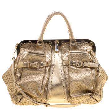مملوكة مسبقًا Versace Gold Leather Studded Frame Satchel 