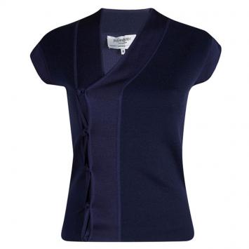 Pre Owned Yves Saint Laurent Navy Blue Knit Asymmetric Cap Sleeve Cardigan M